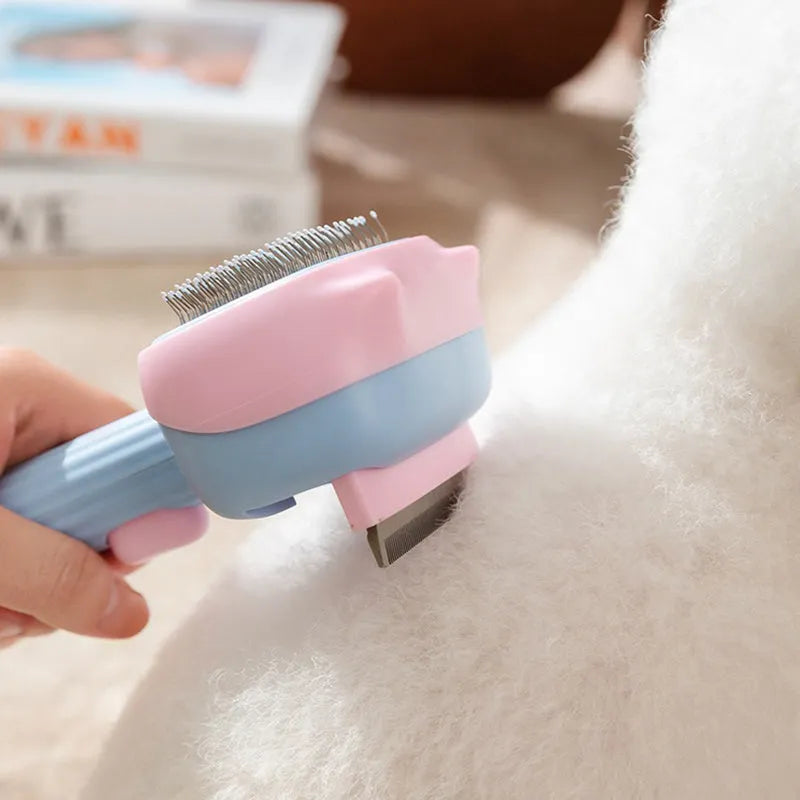 Blue double-sided pet grooming brush showing deshedding rake and dematting comb on a white background.