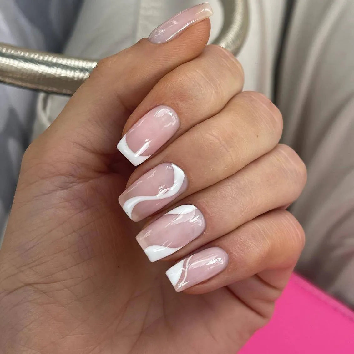 French simplicity short white nail stickers with plaid pattern, 24 pieces, glue type and bare strip options