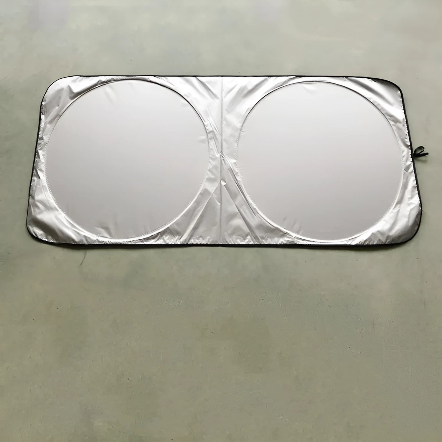 Large silver reflective car sunshade measuring 190cm by 90cm, shown folded next to its cloth storage bag.