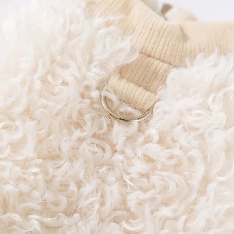 White fluffy lamb wool pet vest with 3D panda patch and "You Shine" tag for small cats and dogs.