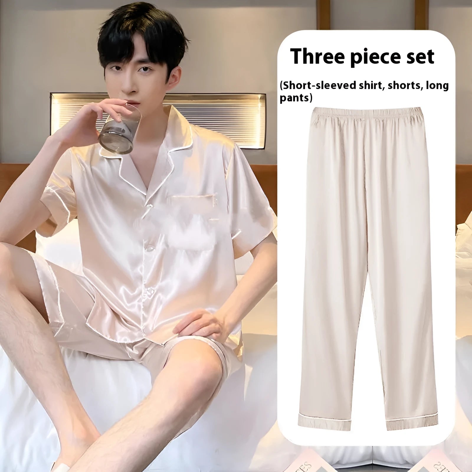Men's ice silk three-piece home wear set with trousers and shorts in thin fabric for summer sleeping