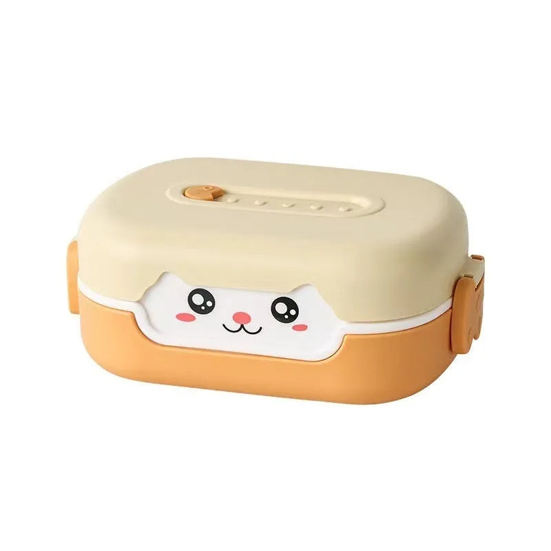 Square plastic divided lunch box in dark blue, orange yellow, or pink and green, shown with compartments.