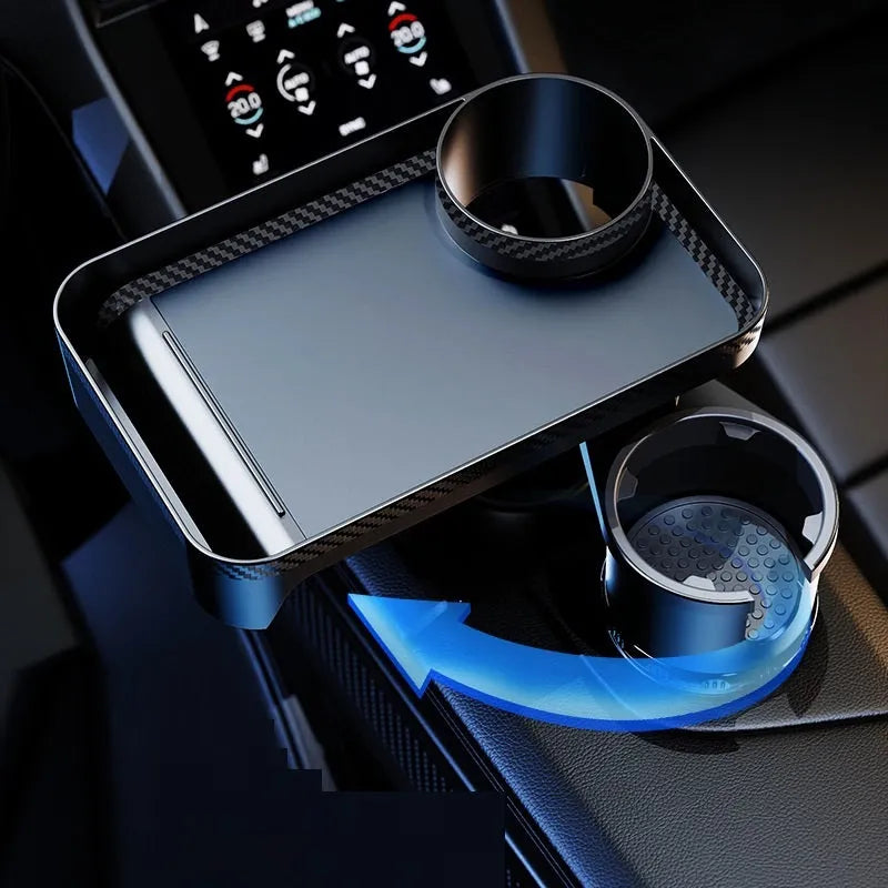 360 degree rotating car centre console tray rack in carbon fibre and matt black plastic with retractable bottom, L and S sizes