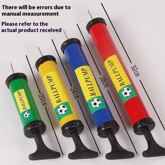 Mixed colour plastic manual hand pump for inflating basketballs, footballs, and balloons.