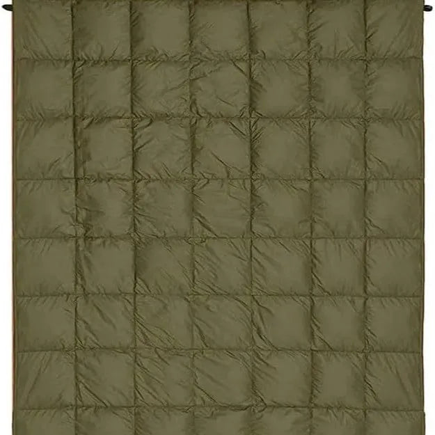 Army green outdoor portable down shawl camping blanket, 140 x 200cm, shown folded and worn over shoulders