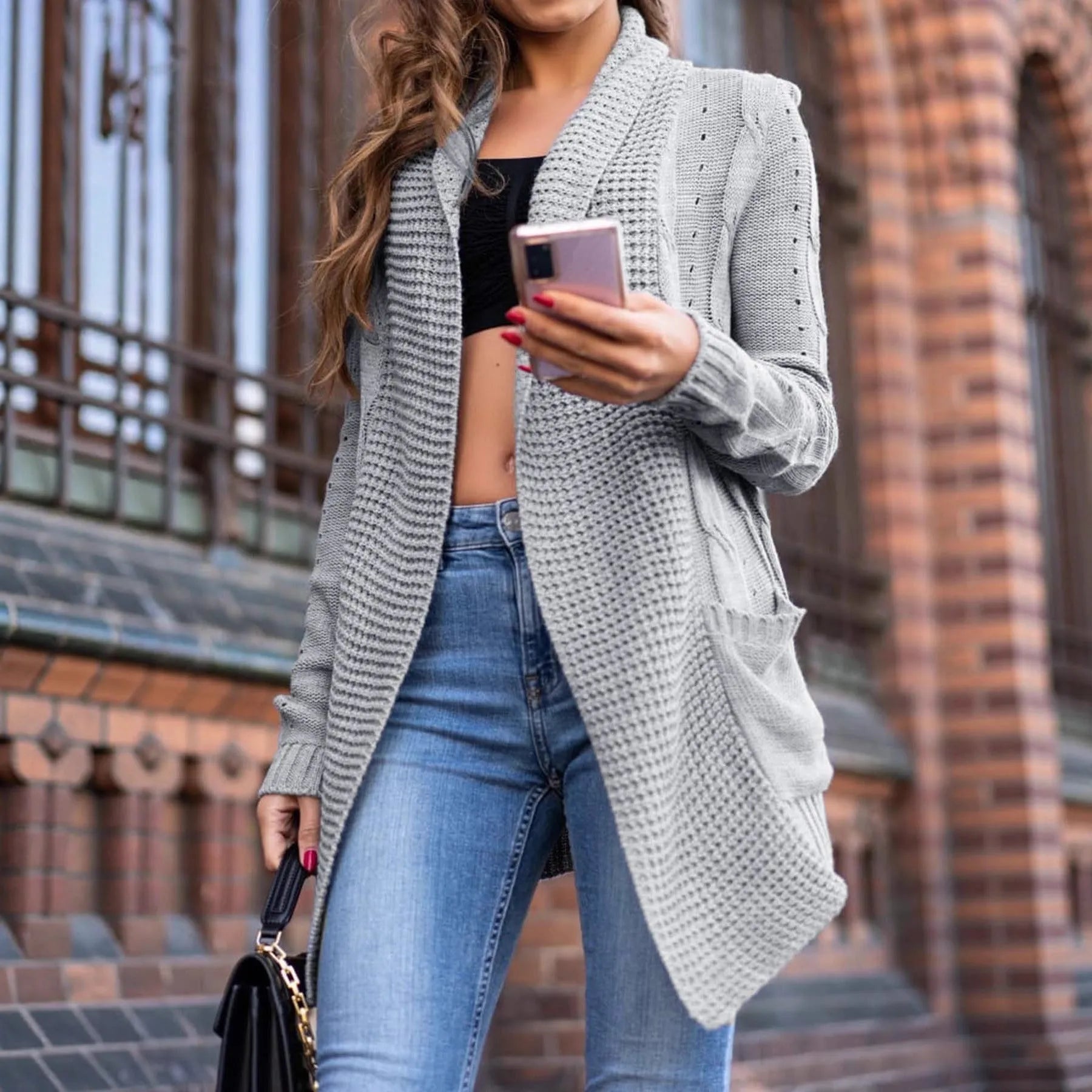 Grey women's loose fit cardigan coat with pockets, 65cm length, viscose fabric