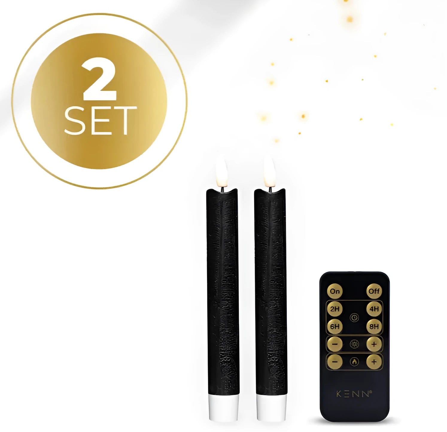 Black flameless LED taper candle with realistic 3D flickering flame effect.