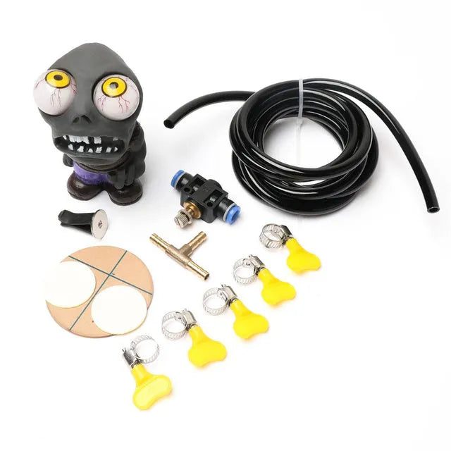 Turbo car blow-off valve sound simulator kit with zombie doll, pressure valve, and copper fittings
