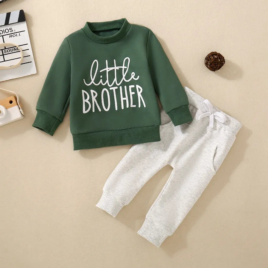 Boys and girls cotton letter sweater suit in dark green with long sleeves and matching pants on a baby