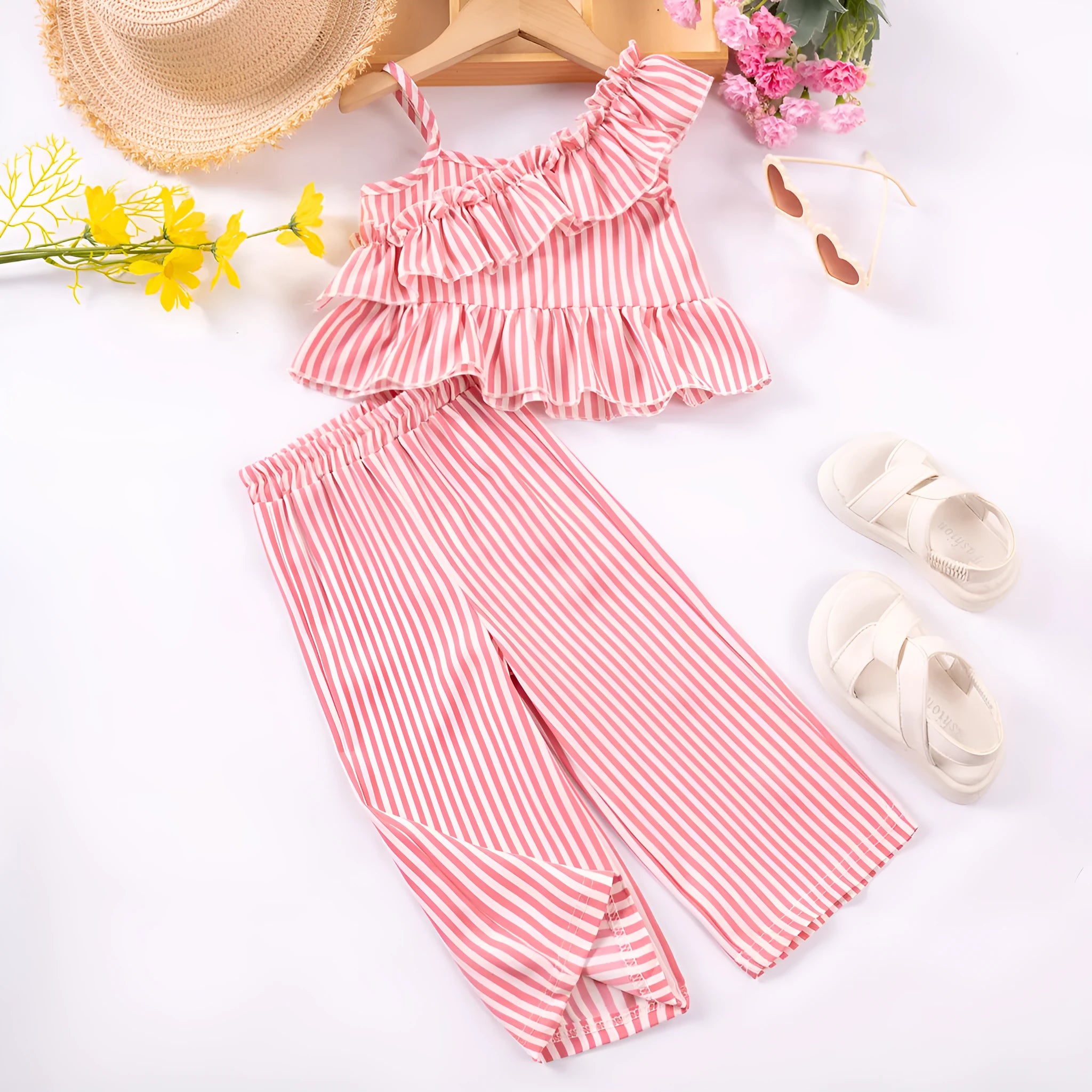 Girls striped spaghetti strap top and shorts two-piece set in emerald