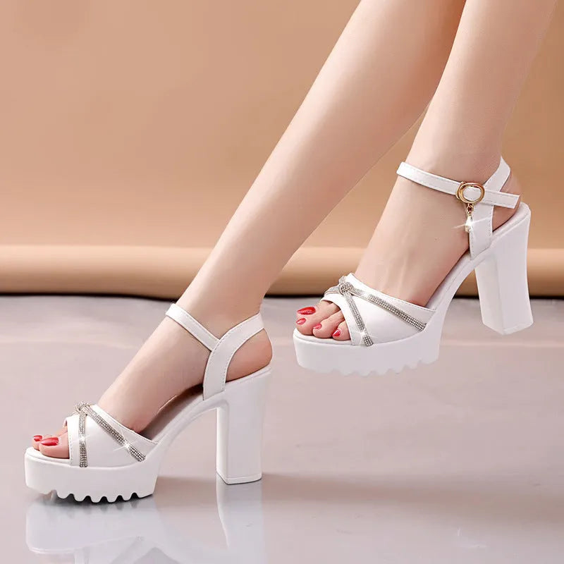 Women's black and white high heel sandals for summer in sizes 35 to 42