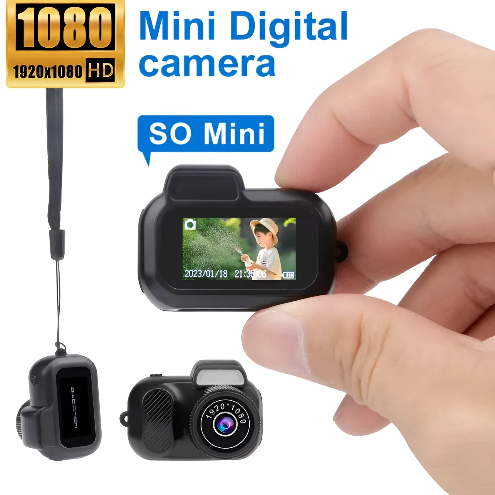 Black retro-style mini digital video camera with small screen shown on a table.