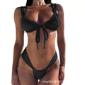 Women's lace-up front bikini swimsuit in solid colour with adjustable ties