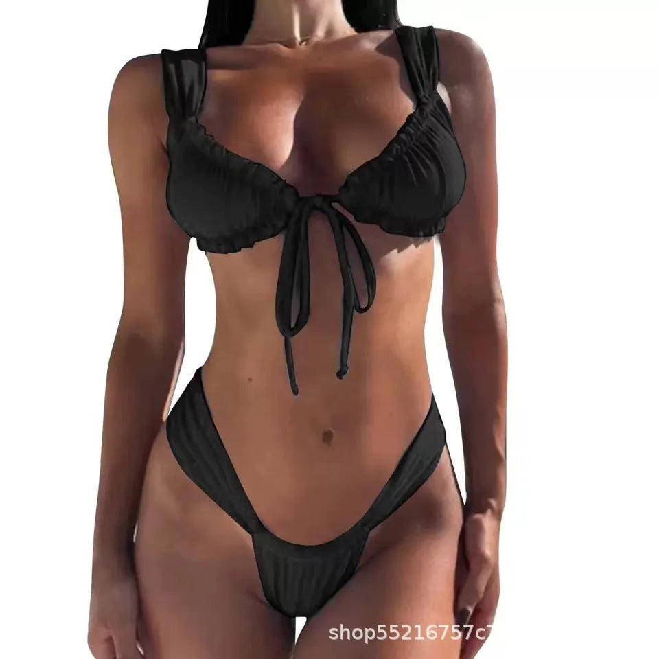 Women's lace-up front bikini swimsuit in solid colour with adjustable ties