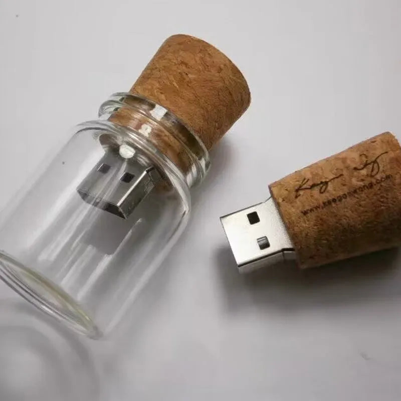 Wooden wish drift bottle USB flash drive with transparent plastic case showing carved wood inside.