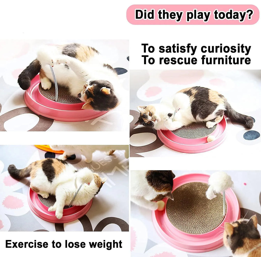 Blue interactive cat scratcher toy with central scratch pad, circular ball track, and a mouse swatter accessory.