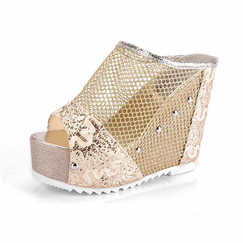 Korean platform lace-up sandals with hollowed-out heel and waterproof chunky heel in black colour