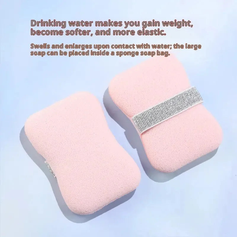 Soap bag bath sponge in hydrophilic polyurethane, 12x8.5x2cm, with foaming cotton, in Cherry Blossom Pink or Mango Yellow.