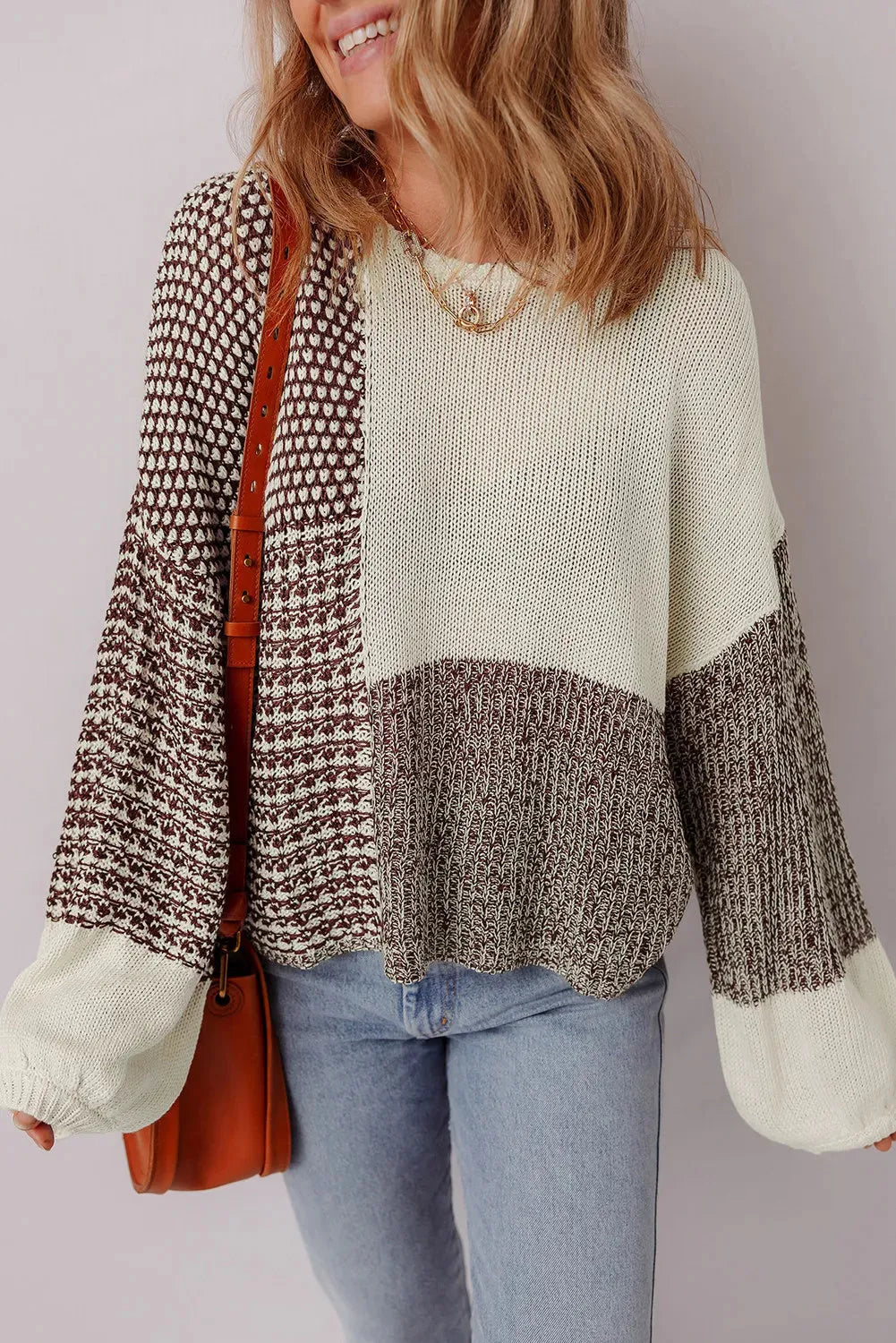 Dark khaki colour block loose sweater with dropped shoulders and a back tie fastening.