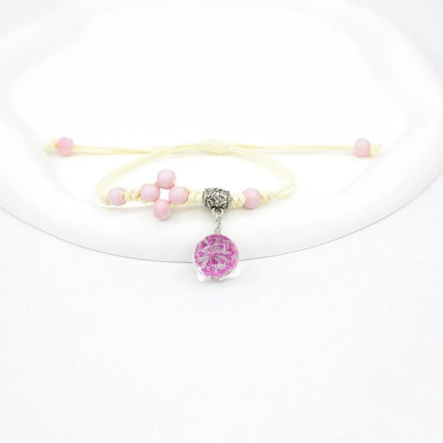 Glass dried flower bracelet with real preserved flowers and lace trim on large 1.4cm beads