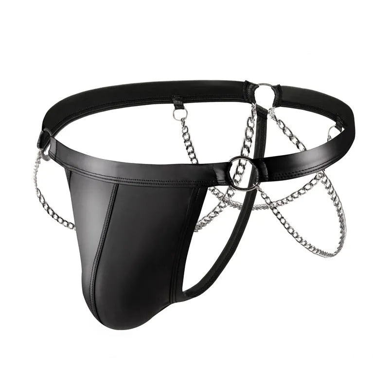 Black patent leather men's thong underwear with a decorative chain detail on the front.