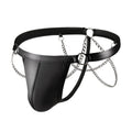 Black patent leather men's thong underwear with a decorative chain detail on the front.