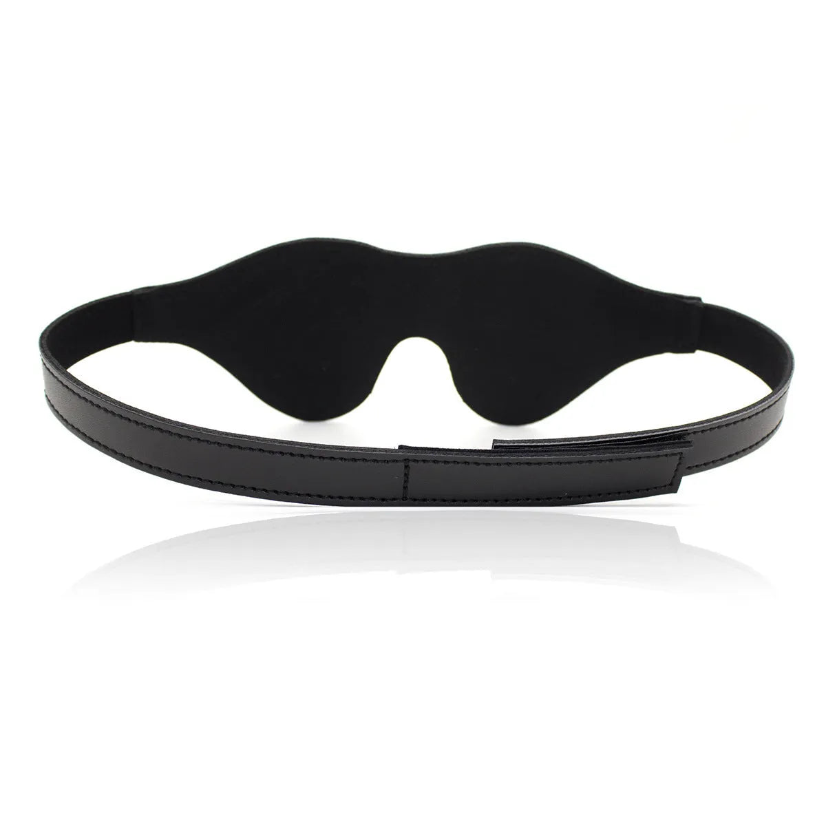 Women's black leather eye mask with 3D shape, Velcro strap, and metal rivet details.