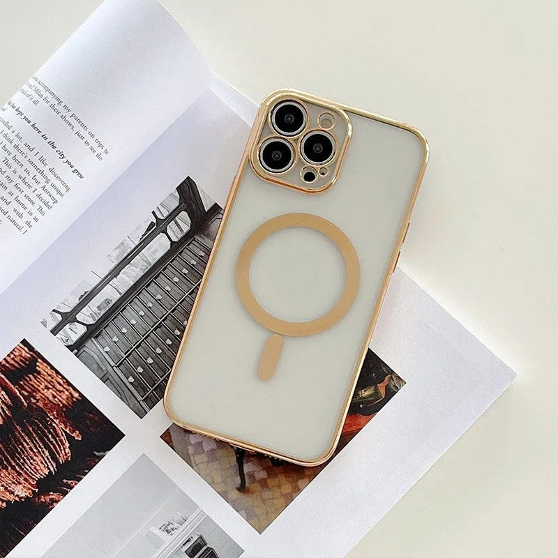 Magnetic charging iPhone case with plated frame in royal blue, black, red, gold, green, silver, or purple.