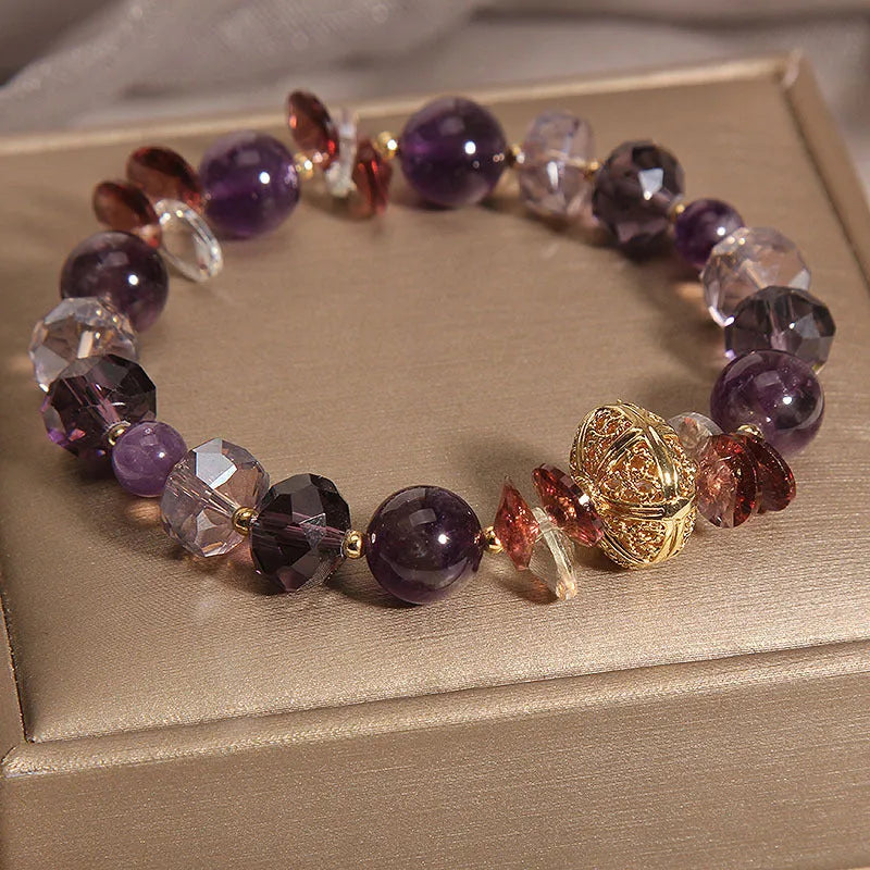 Purple crystal pumpkin bead bracelet with wind chime charms and rhinestone accents for women
