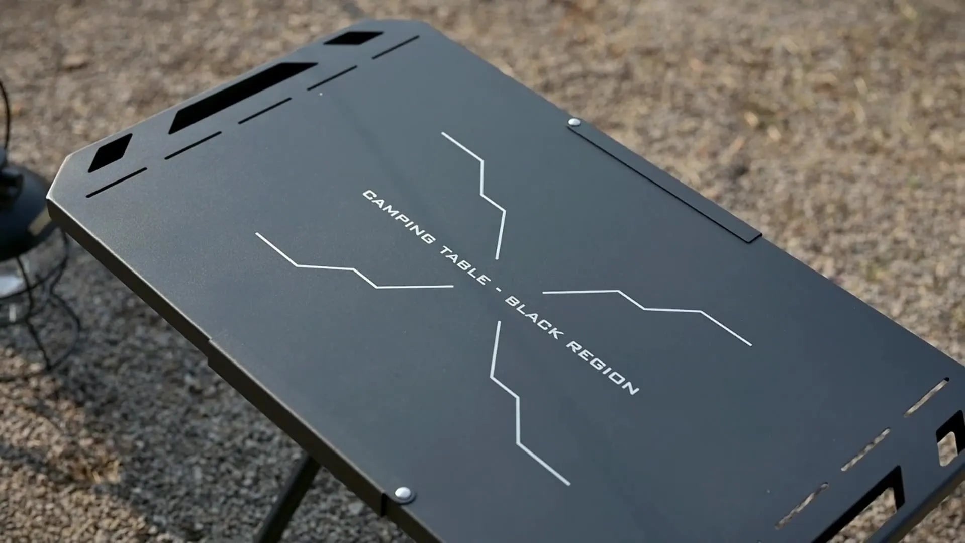 Black folding outdoor camping table made of stainless steel and aluminium, 600 x 350 x 375mm size