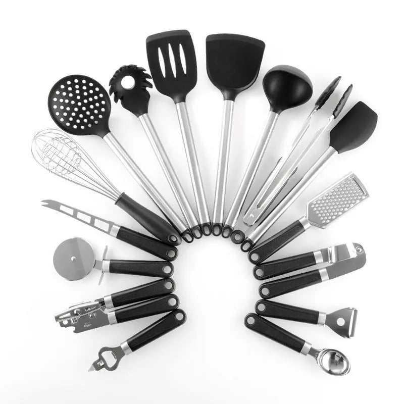 Black silicone spatula and spoon kitchen utensil set with stainless steel handles, 16 pieces