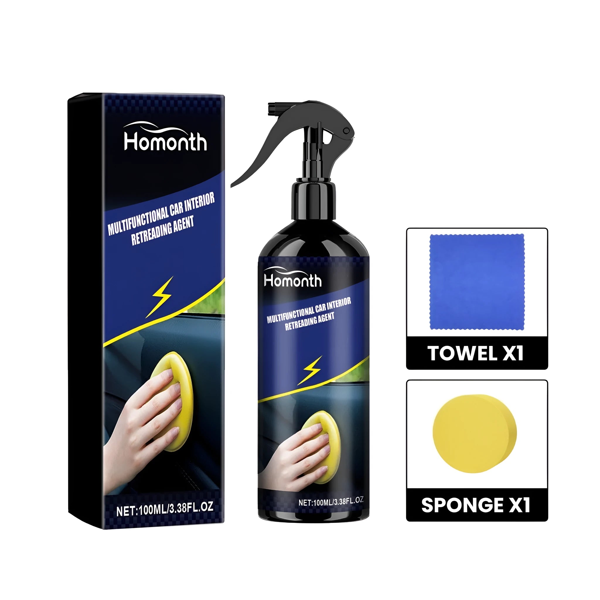 Car interior retreading kit showing 7x17cm bottle, yellow sponge, and microfibre towel for cleaning dashboard and seats