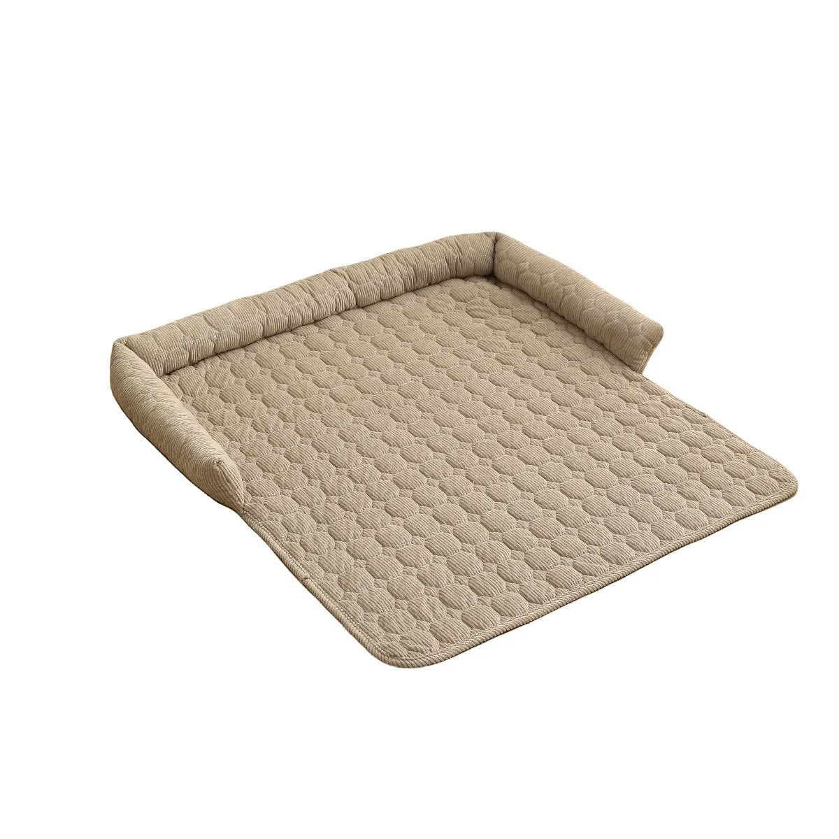 Thick corduroy pet bed mat with neck pillow in beige, 75x75cm, on a floor