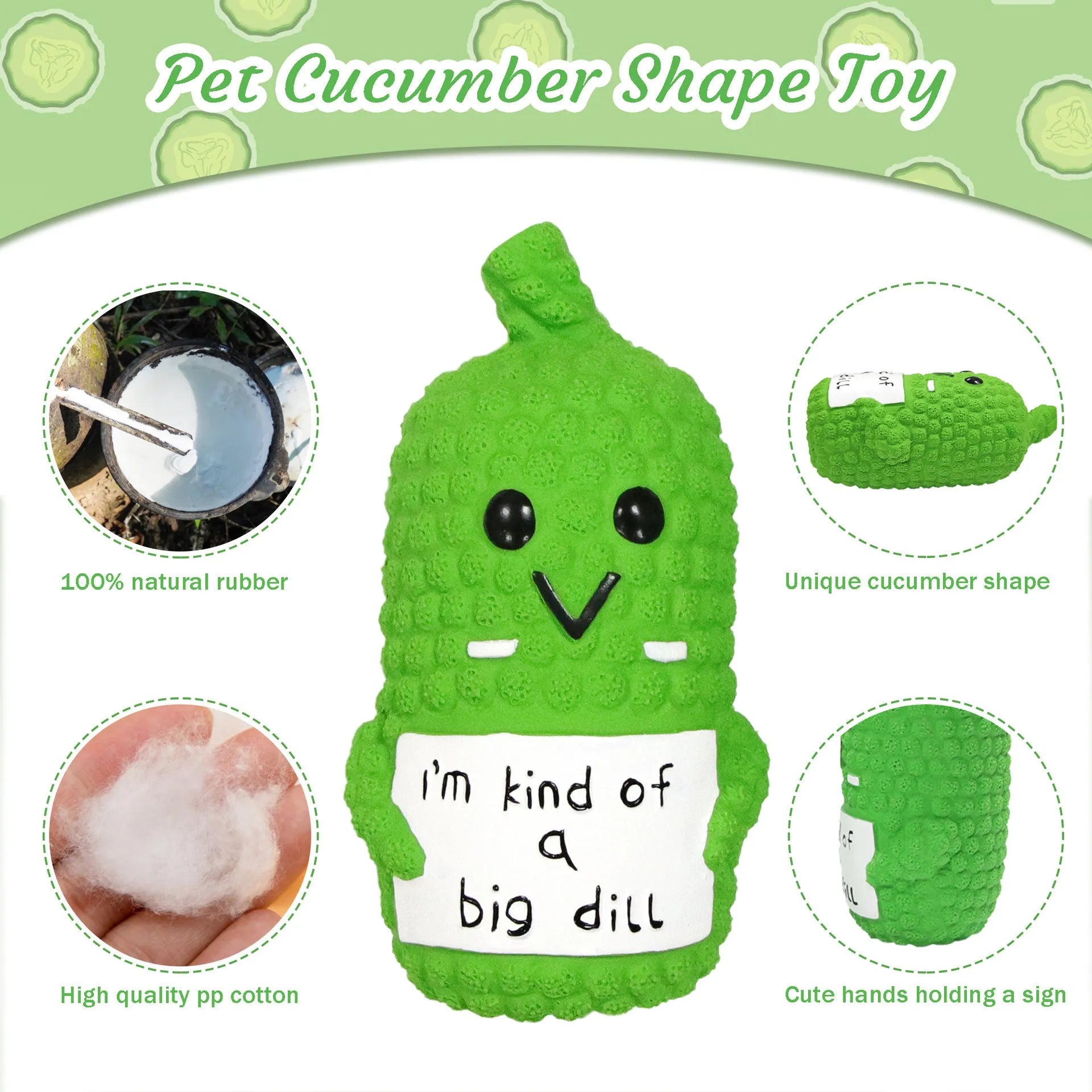 Green pickle-shaped squeaky dog chew toy with textured nubs on natural latex surface.