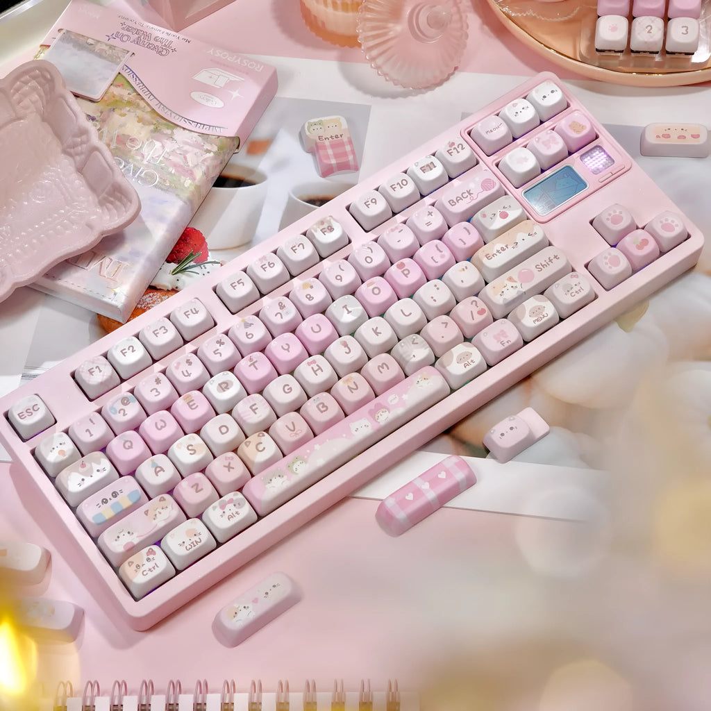 Pink MOA height mechanical keyboard keycaps with cartoon artwork on all five sides