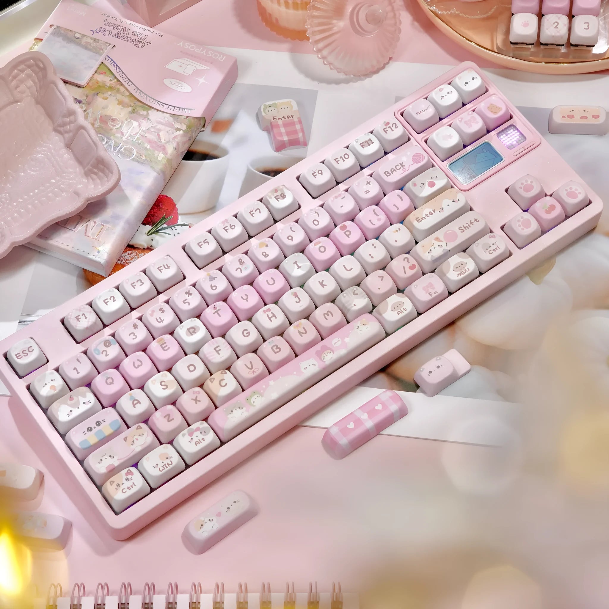 Pink MOA height mechanical keyboard keycaps with cartoon artwork on all five sides