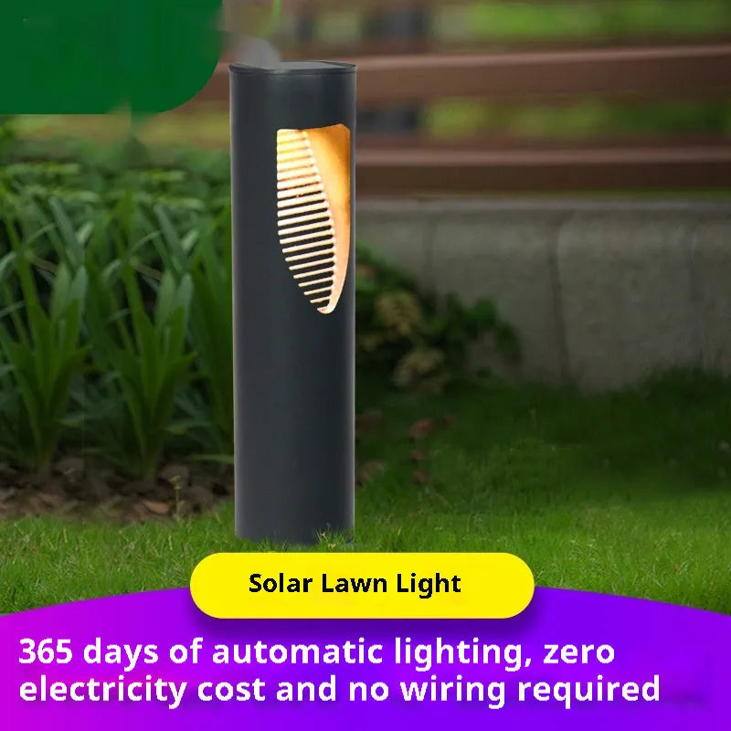 Black geometric abstract solar garden light with stainless steel and plastic construction for outdoor use