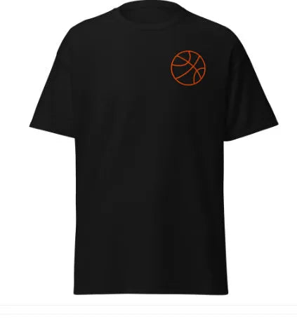 A maroon men's short sleeve t-shirt with a white ball print on the chest.