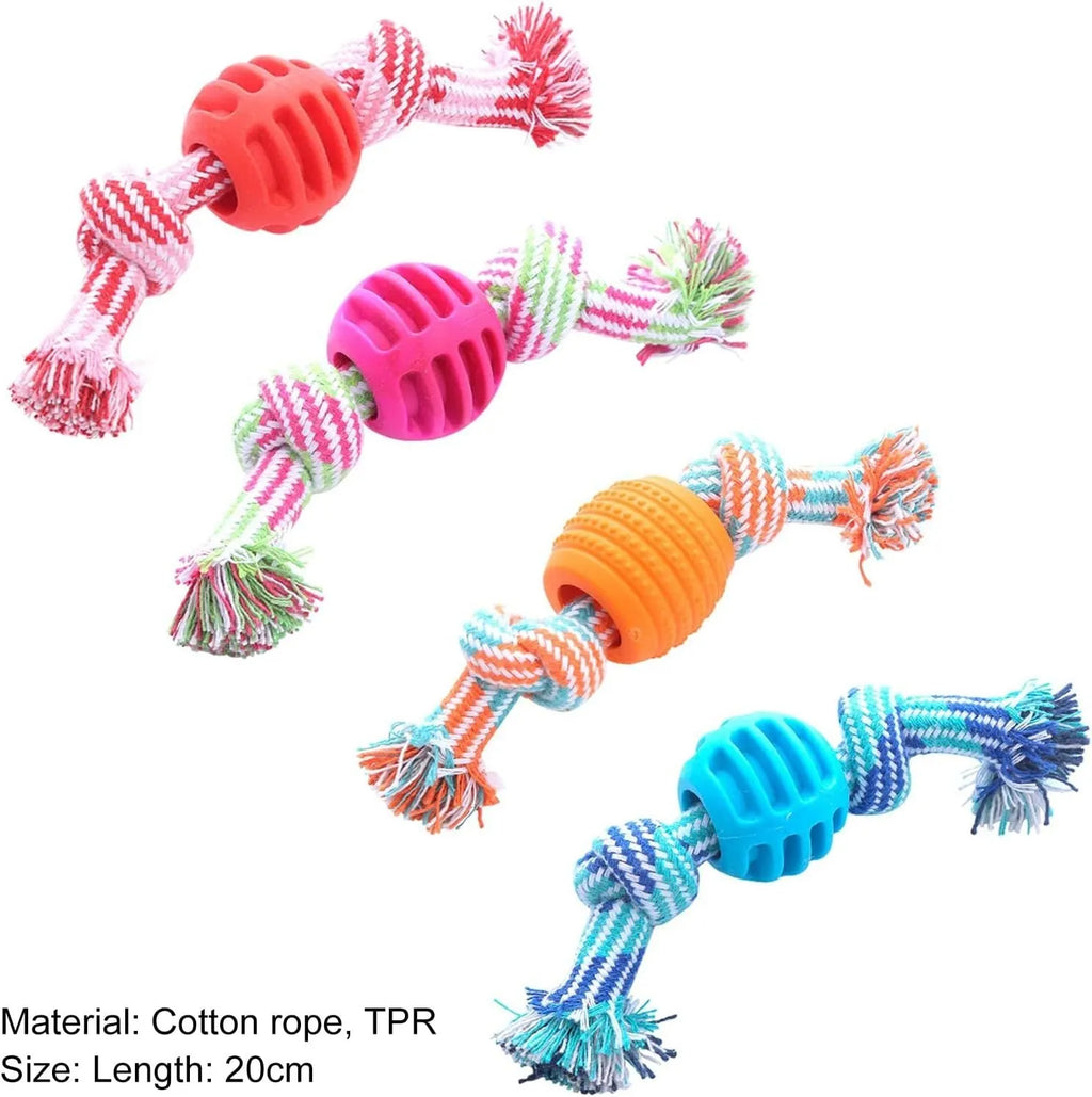 Set of blue and green rope and soft molar chew toys for dogs on a white background.