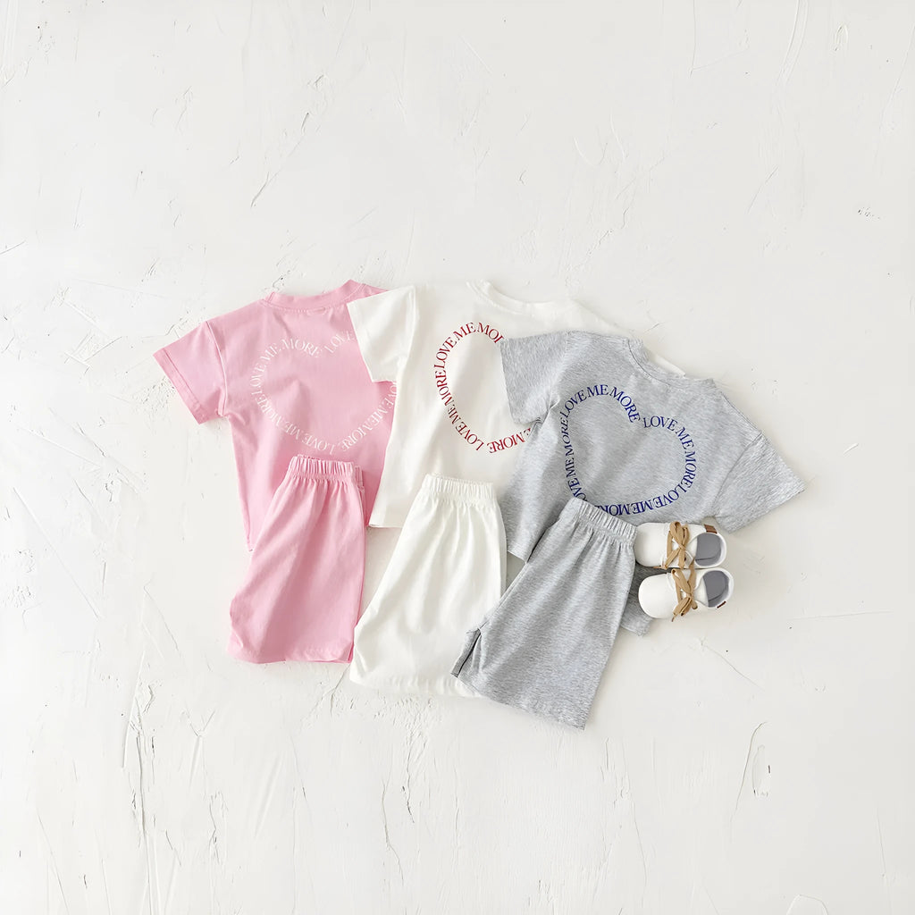 Korean style baby cotton two-piece suit set with heart printing and plaid pattern in white, pink, or grey