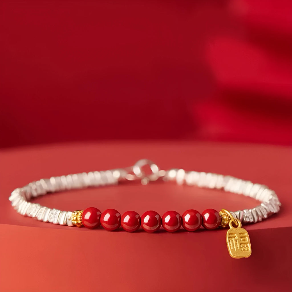 Geometric silver lucky beads couple bracelet on white background.