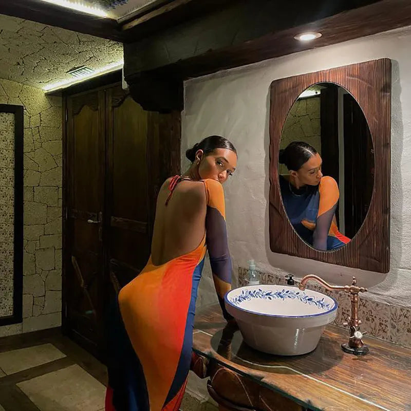Women's one-shoulder printed backless dress, high waist, long tight fit, polyester, sizes S M L