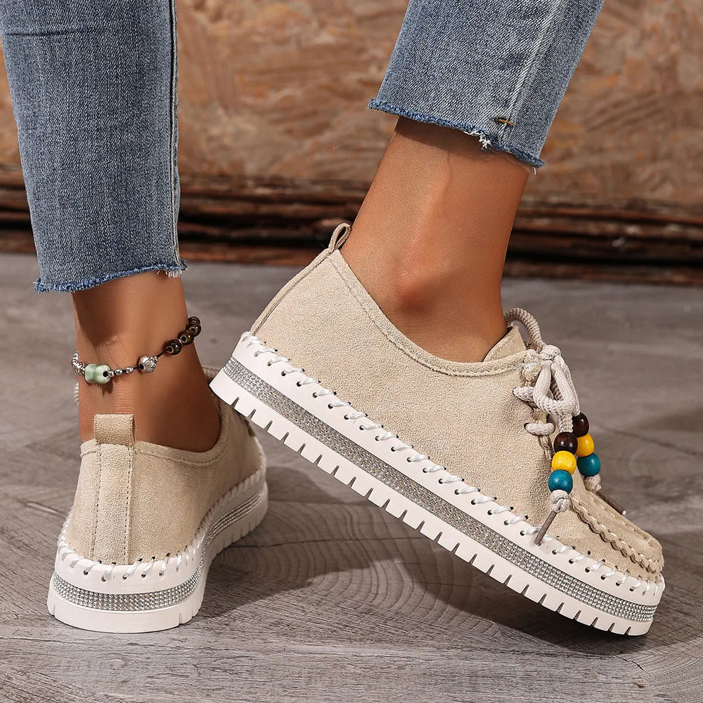 Retro full-covered women's flats in beige or camel suede with thick soft sole, round toe, and lace-up closure, sizes 36-43