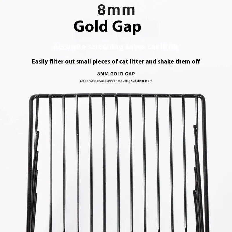 Black metal cat litter scoop with narrow 0.8cm slots for cleaning clumping litter