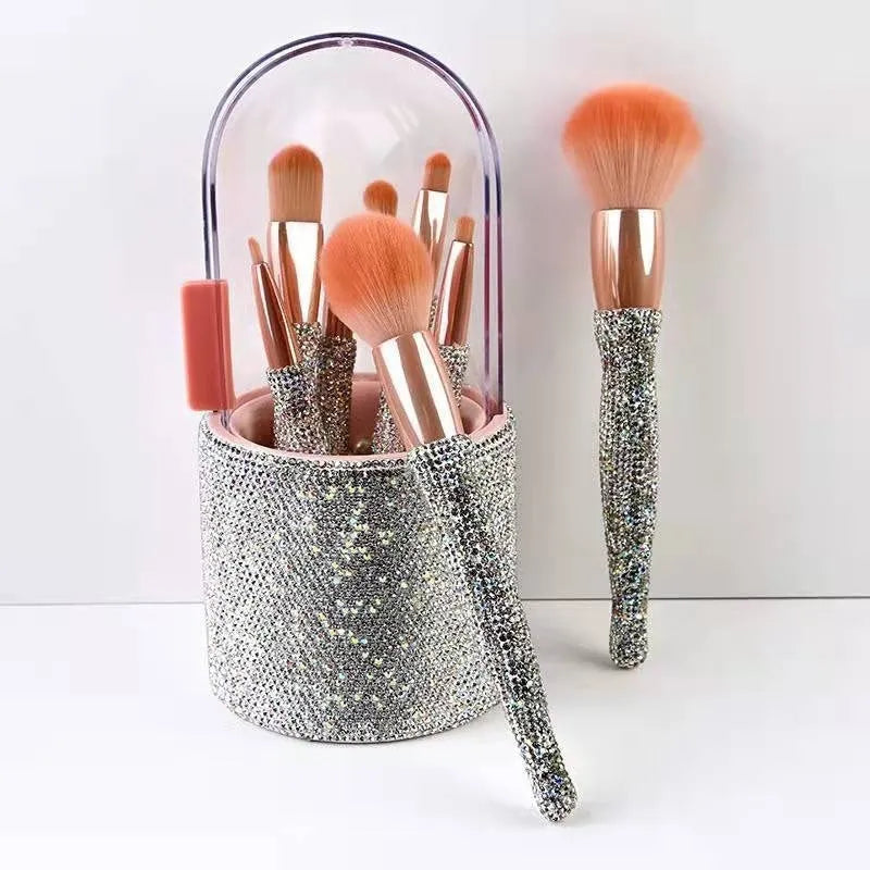 Light luxury diamond-embedded makeup brush set with 8 brushes and storage bucket in white and pink