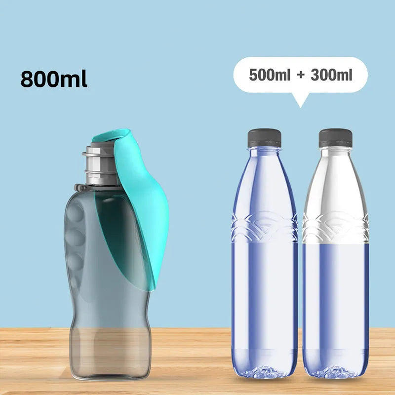 Blue-grey portable dog water bottle with foldable drinking bowl showing 800ml capacity markings