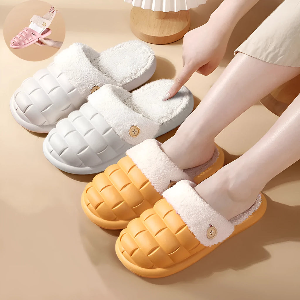 Plaid detachable EVA slippers with plush lining in pink, shown on a foot.