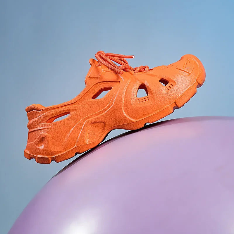 Unisex adult EVA sandals with thick sole in fluorescent green, orange red, and rose red colours