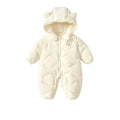 Baby hooded down jumpsuit in beige or brown, thickened polyester, long sleeve, cartoon print, 66-90cm