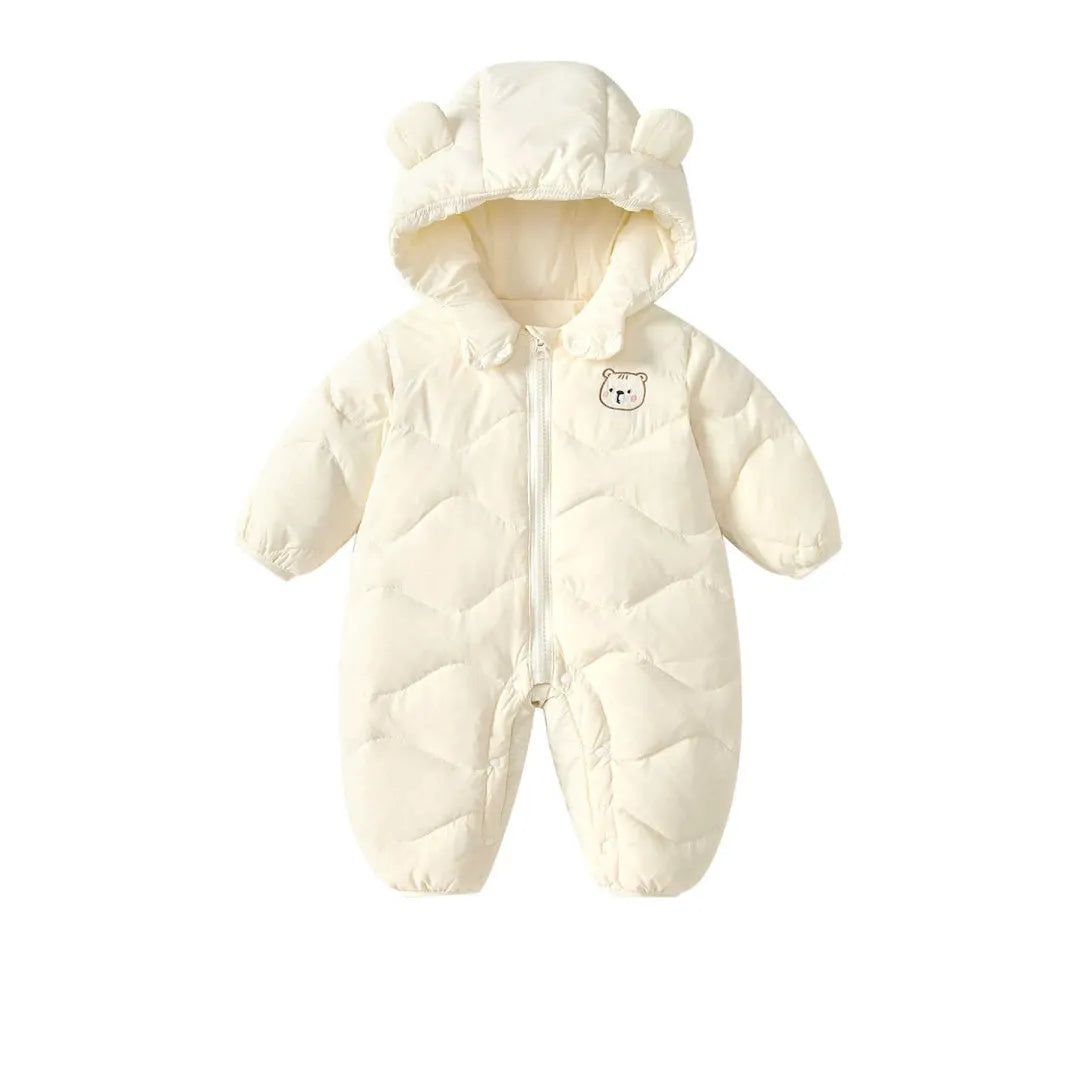 Baby hooded down jumpsuit in beige or brown, thickened polyester, long sleeve, cartoon print, 66-90cm